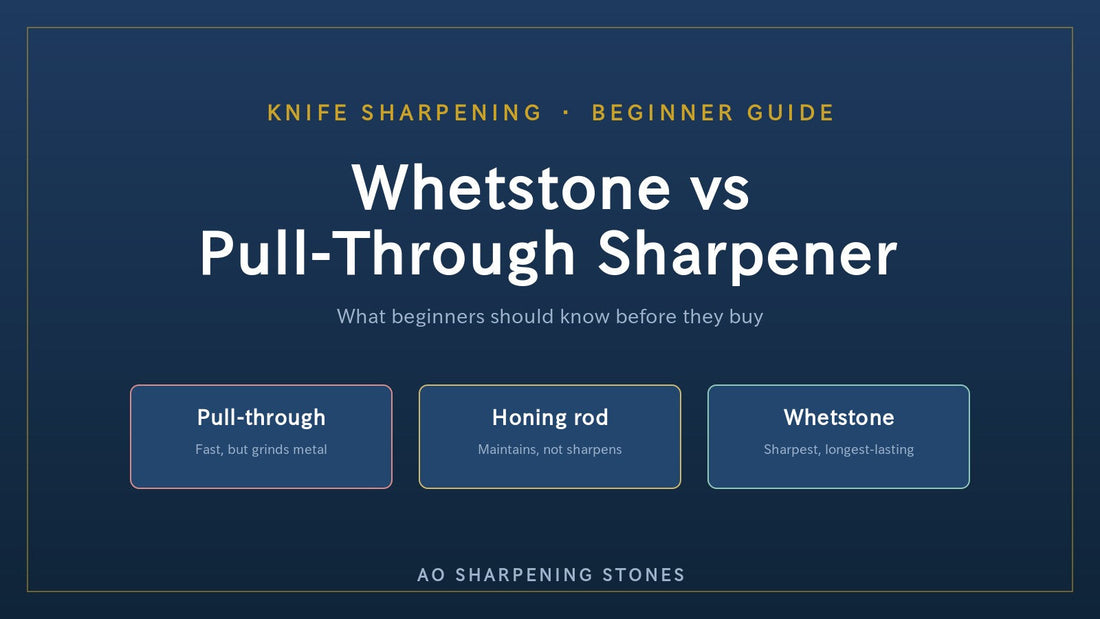 Whetstone vs pull-through sharpener vs honing rod — the whetstone gives the sharpest, longest-lasting edge